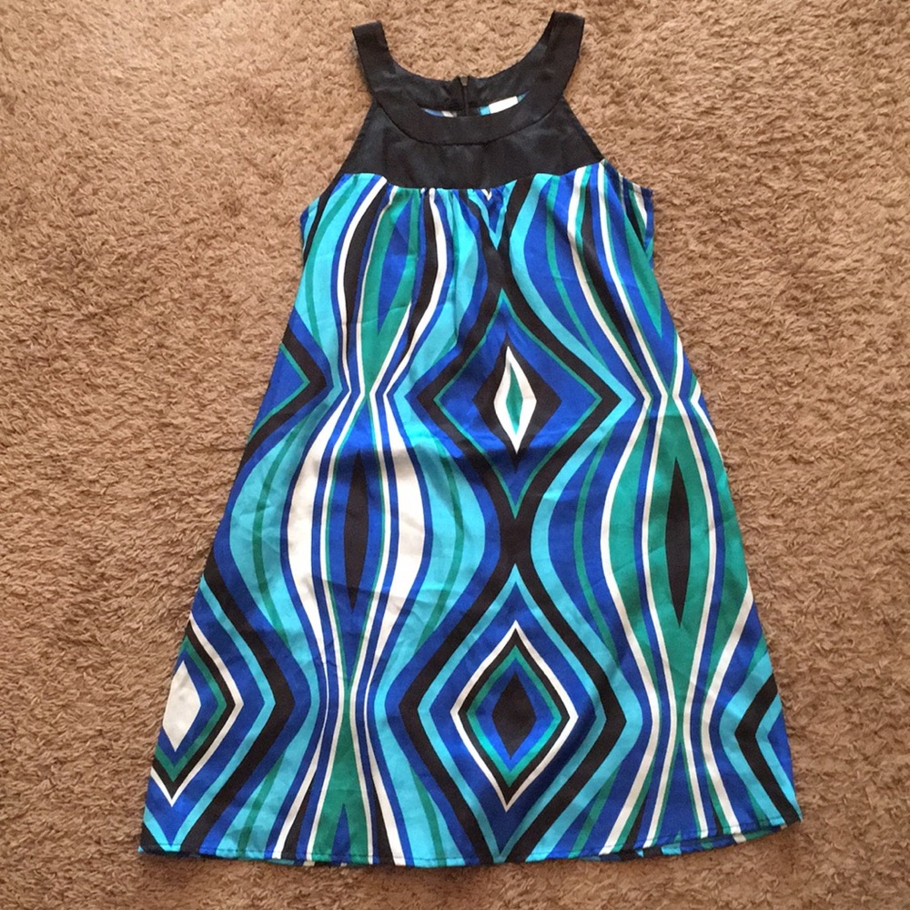 Sleeveless Geometric Print Dress Blue Trapeze Neck